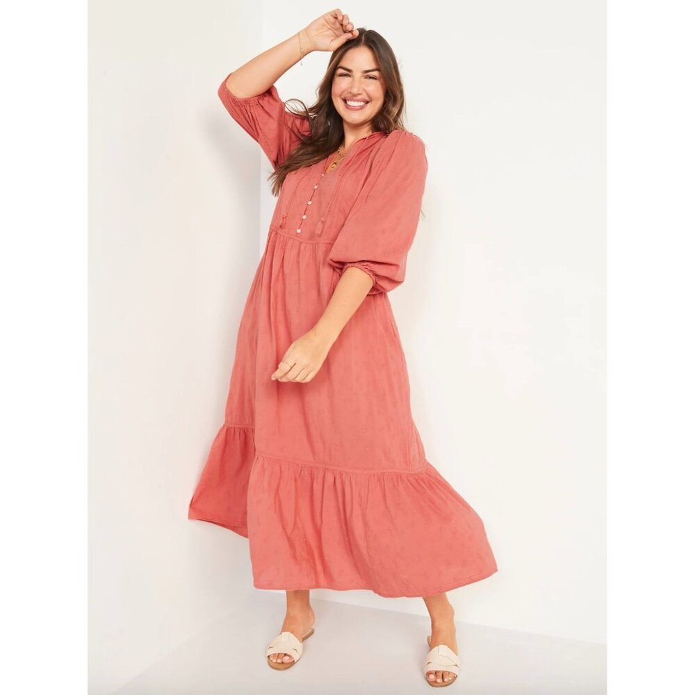 Old Navy PLUS 2X Tie-Neck 3/4-Sleeve All-Day Maxi Swing Dress Boho Peasant Hippy